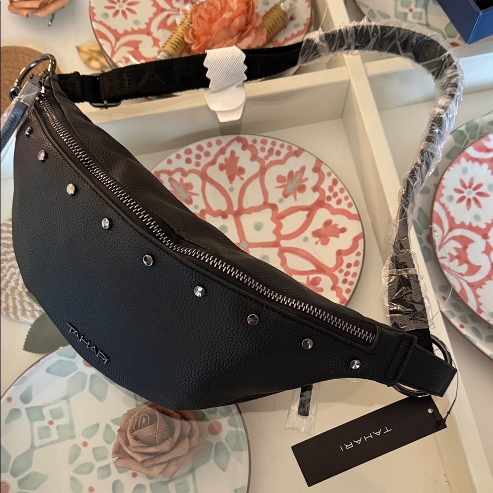 Tahari Black Vegan Leather Studded Belt Bag - Picture 2 of 9